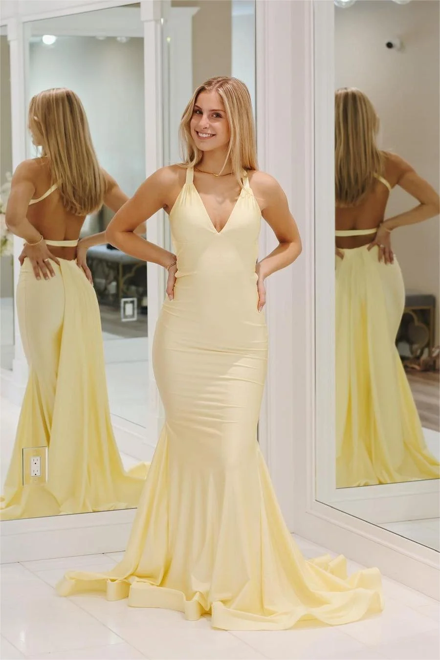 Daisda Exquisite Halter V Neck Backless Sleeveless Mermaid Pleated Long Evening Dress