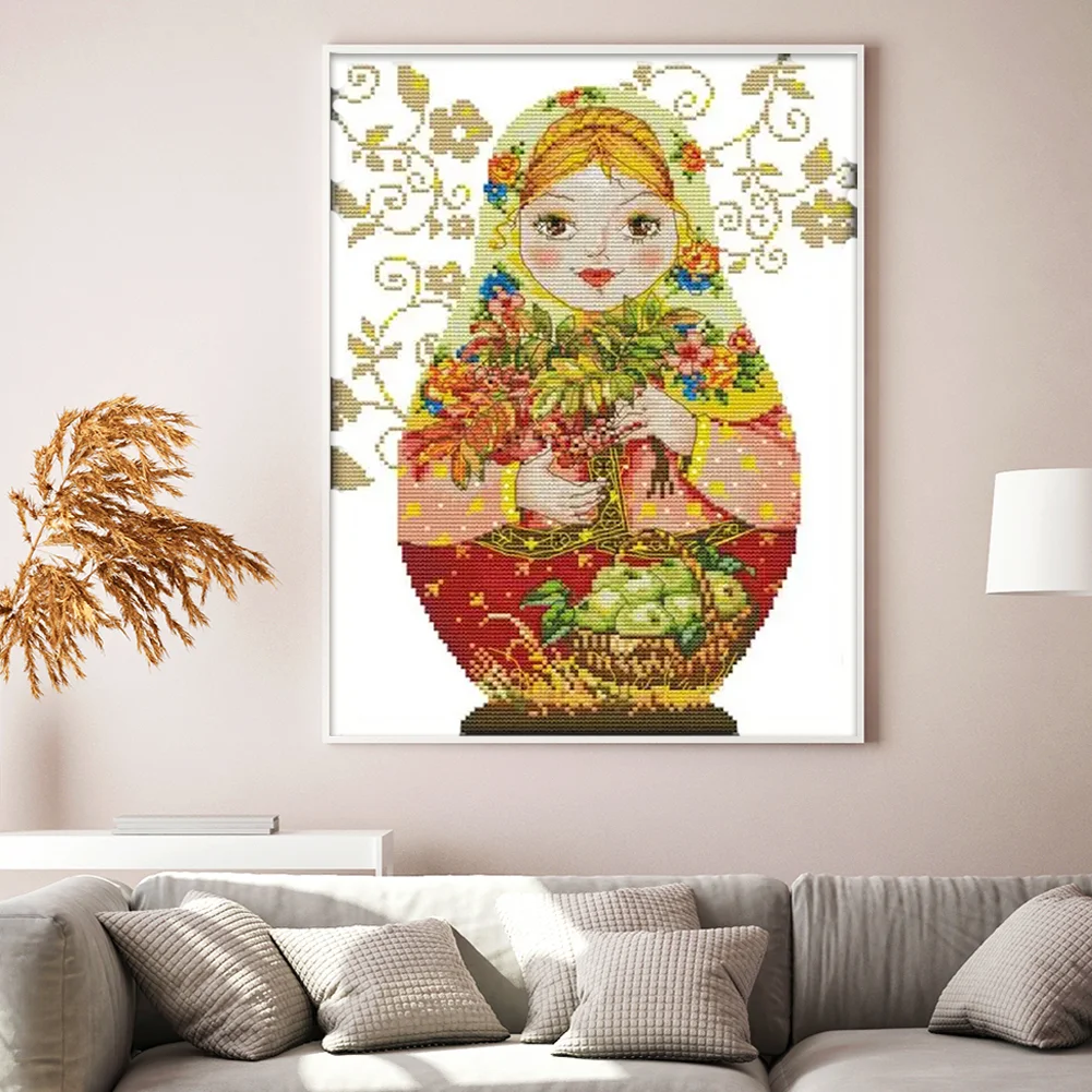 Russian Matryoshka Doll(5) Partial 14CT Pre-stamped Canvas(28*37cm) Cross Stitch(backstitch)