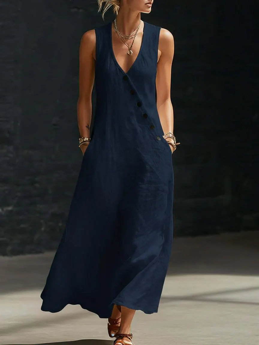Boho Leinen Maxikleid - Perfekt für Strand, Urlaub & Brunch! Ärmelloses V-Ausschnitt-Kleid mit Knopfdetails und Taschen # ÄrmellosesKleid # Freizeitkleid # Sommerkleid # BohoMode # V-AusschnittKleid # KleiderFürFrauen # OutfitDesTages