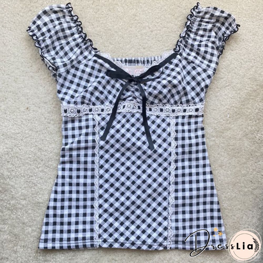 Kawaii Plaid T-Shirts Lace Crop Top Short Sleeve Slim Tees Y2k Fairycore Grunge Harajuku Tshirt Women Summer Clothes