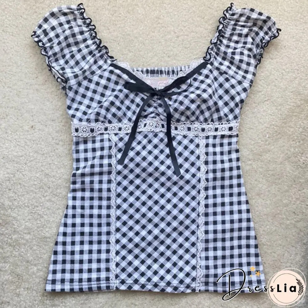 Kawaii Plaid T-Shirts Lace Crop Top Short Sleeve Slim Tees Y2k Fairycore Grunge Harajuku Tshirt Women Summer Clothes