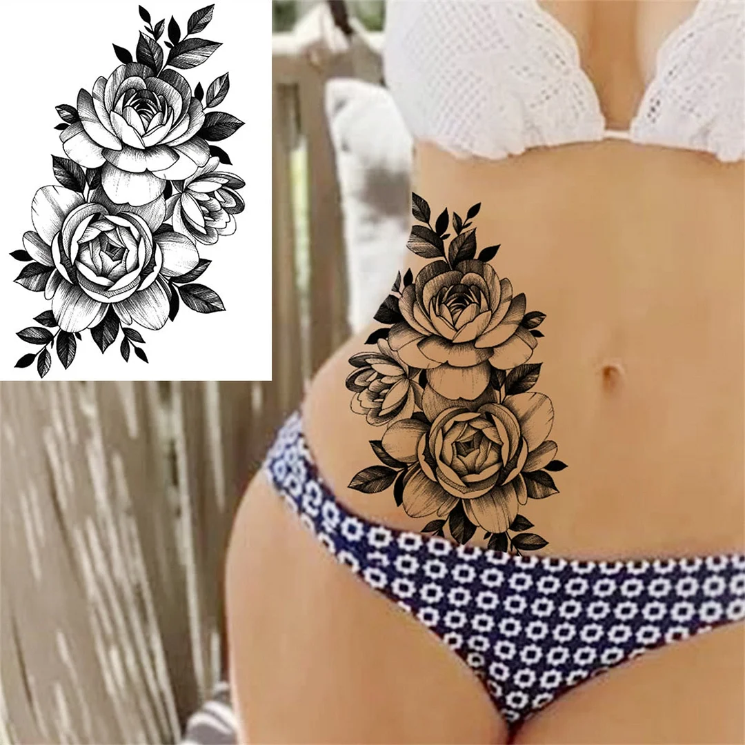 Flower Skull Temporary Tattoos For Women Men Adults Evil Skeleton Tattoo Sticker Fake Lavender Big Rose Black Tatoos Body Thigh