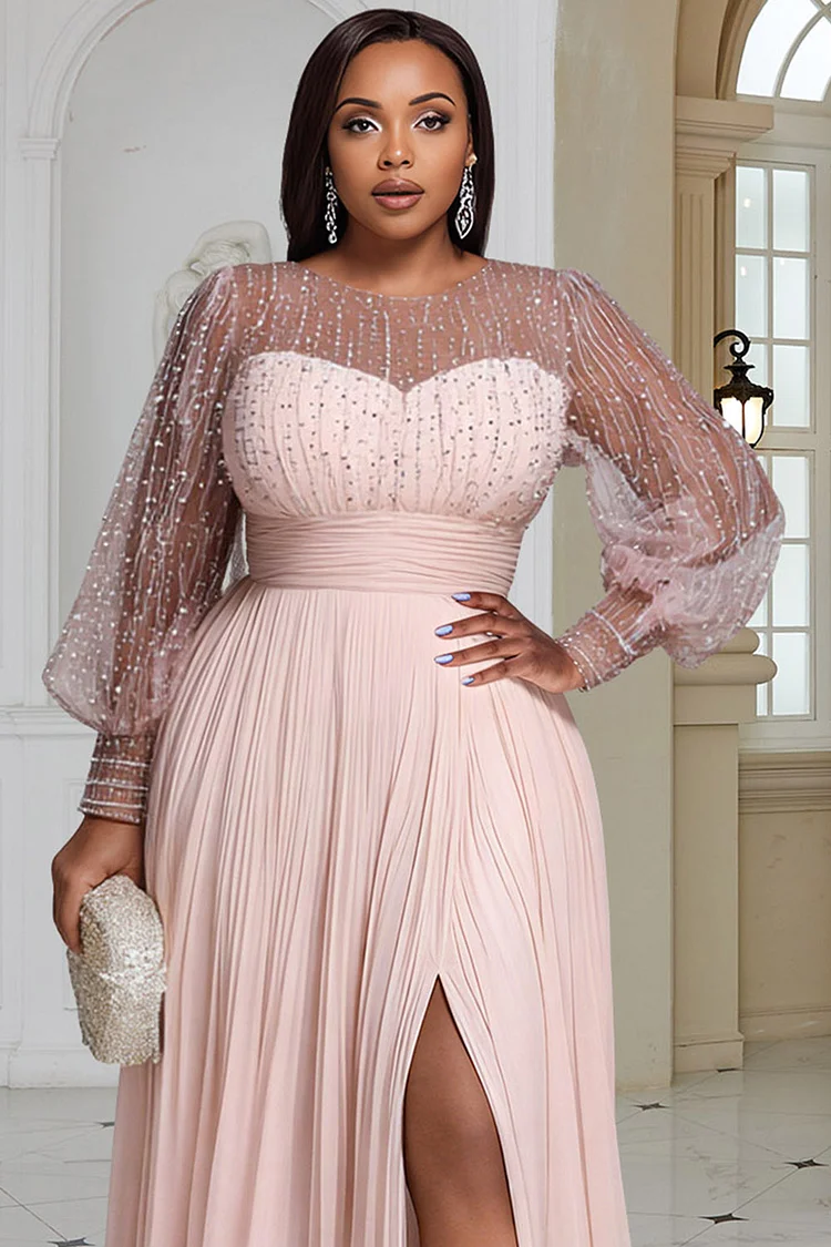 Xpluswear Design Plus Size Formal Champagne Round Neck Long Sleeve Split Elegant See Through Sequin Chiffon Maxi Dresses [Pre-Order]
