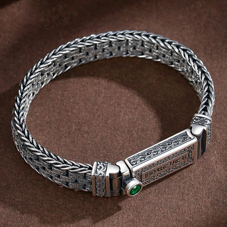 Grass Pattern Six-character Mantra Forever 925 Silver Mens Bracelet