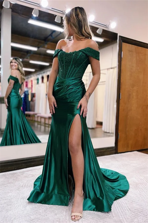 Miabel Elegant Dark Green Off-the-shoulder Split Sequins Prom Dress Long