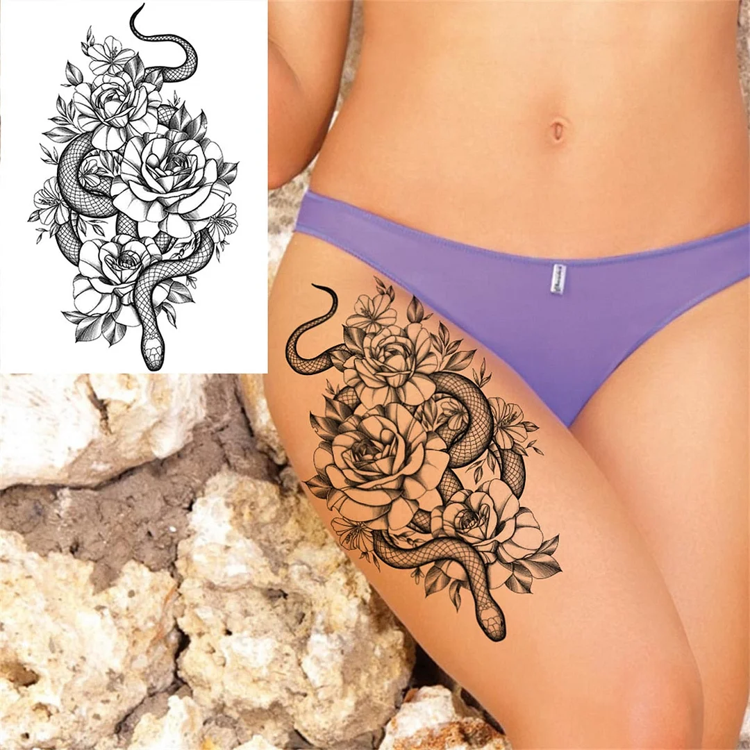 Flower Skull Temporary Tattoos For Women Men Adults Evil Skeleton Tattoo Sticker Fake Lavender Big Rose Black Tatoos Body Thigh