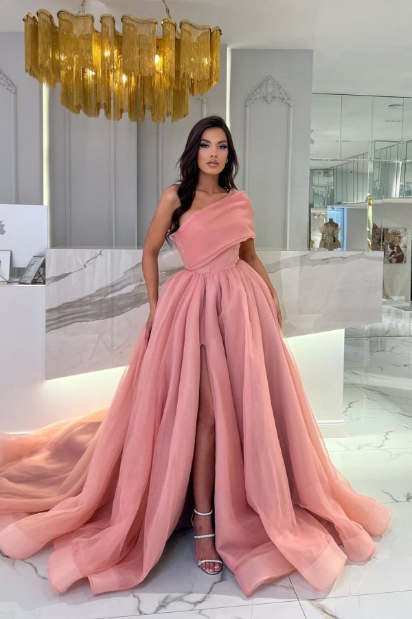 Ovlias Pink One Shoulder A Line Prom Dress with Split WE0015