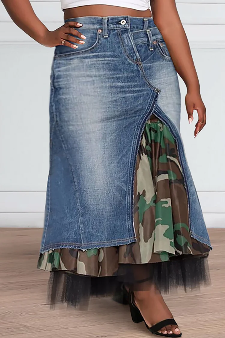 Xpluswear Design Plus Size Blue Daily Patchwork Camo Tulle Denim Skirts 