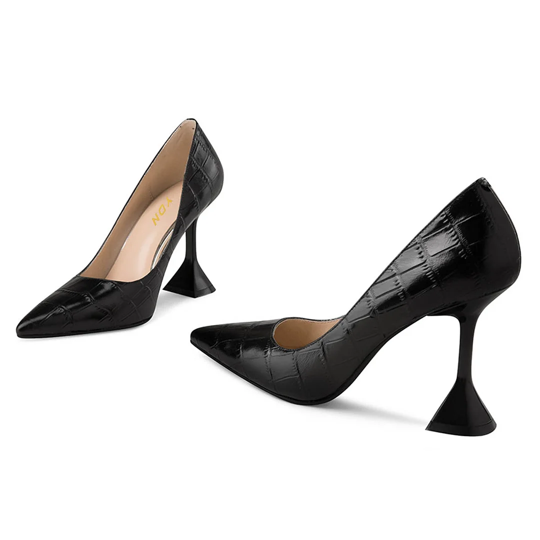 Black Crocodile Embossed Pointed Toe Flared Heel Pumps for Women