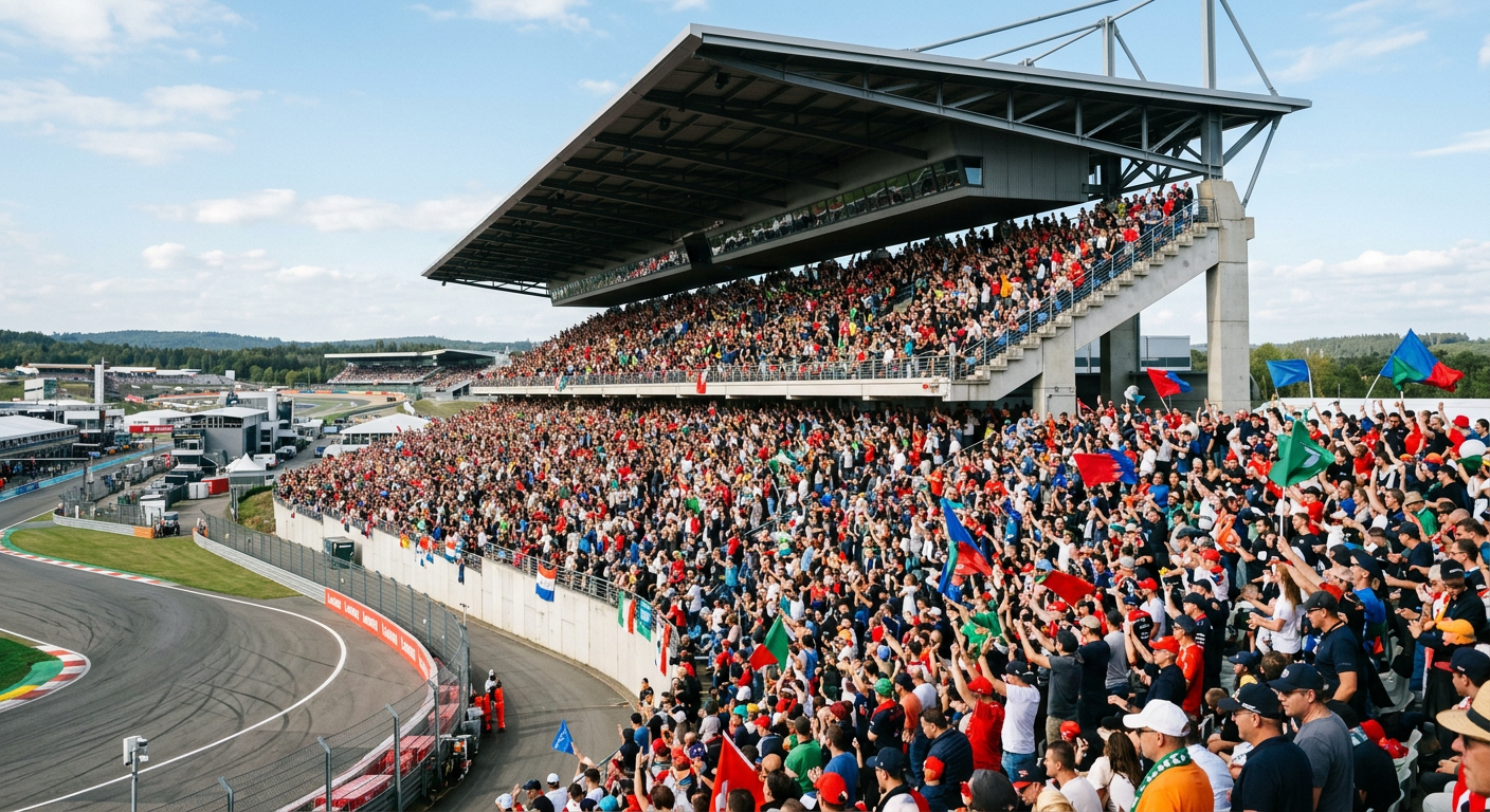 Excited F1 fans cheering in grandstands at a Formula 1 Grand Prix, capturing the massive global audience and race day atmosphere surrounding Lewis Hamilton's Ferrari comeback