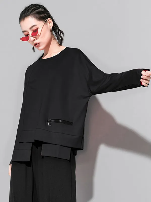 Mesh Panel Zipper Loose Fit Round Neck T-Shirt