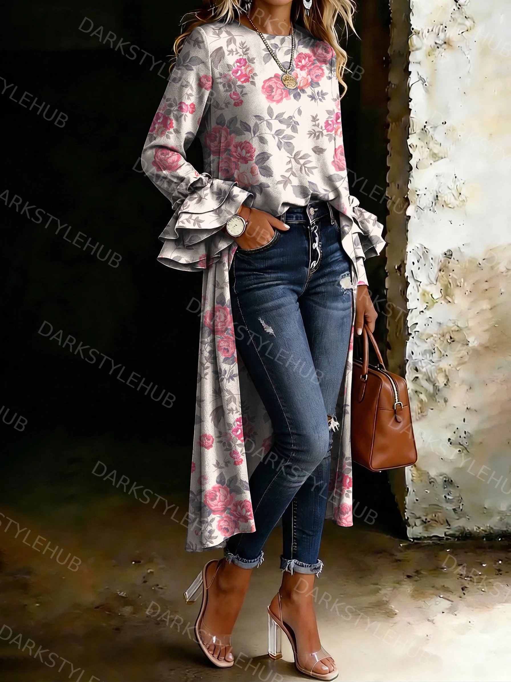 Retro Floral Art Print Casual Crew Neck Ruffled Sleeves Asymmetrical Hem Shirt