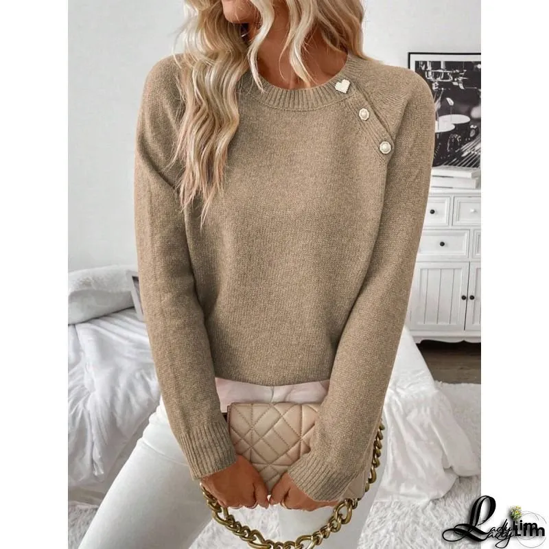 Alpaca Blend Stand Collar Pullover with Button Details - Casual Knit Sweater, Solid Color, Long Sleeve, Regular Fit for Fall/Winter - Composition: Alpaca 15%, Polyester 65%, Acrylic 20%