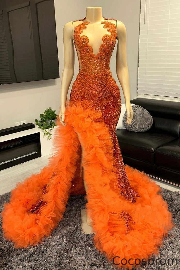 Cocosprom Orange Sleeveless Slit Prom Dress Mermaid Long With Sequins Beadings Ruffles cocosprom