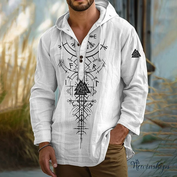 Vintage Viking Art Men's Linen Hooded Shirt
