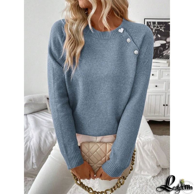 Alpaca Blend Stand Collar Pullover with Button Details - Casual Knit Sweater, Solid Color, Long Sleeve, Regular Fit for Fall/Winter - Composition: Alpaca 15%, Polyester 65%, Acrylic 20%